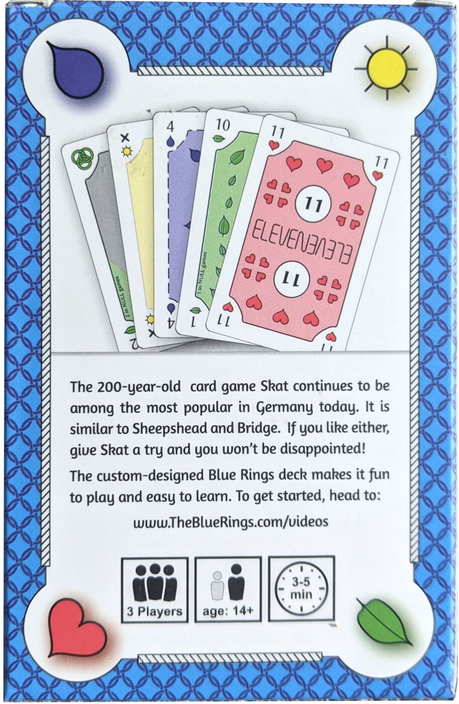 Studio photo of the Blue Rings deck box, back, with game info and no Kickstarter branding