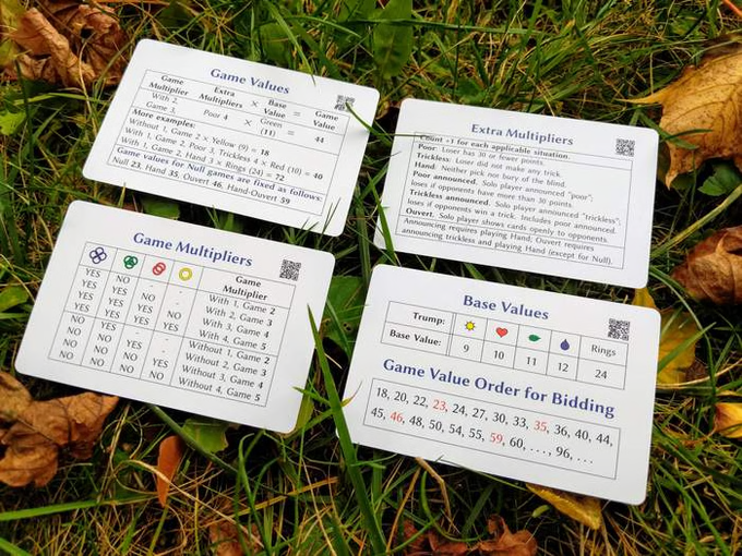 Side B of the four summary cards: Game Values, Extra Multipliers, Game Multipliers, and Base Values with the bidding order