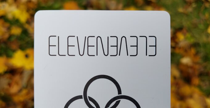 Close-up of a card back with the Blue Rings logo, against autumn leaves