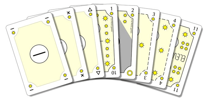Fanned cards showing the ranking order of the Yellow suit during Null games, with the Ring card's color corner visible