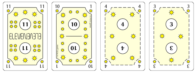 The 11, 10, 4, and 3 of Yellow, showing point values printed directly on each card