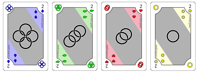 The four Ring cards: Blue, Green, Red, and Yellow Rings, each shown with their suit-color corner