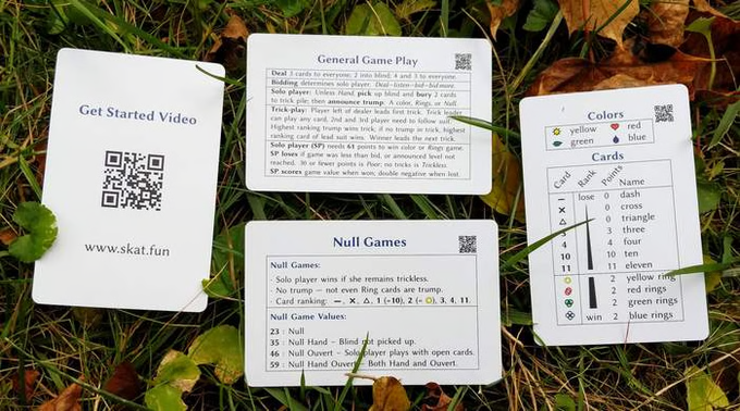Side A of the four summary cards: Get Started Video QR code, General Game Play, Null Games, and Colors & Cards