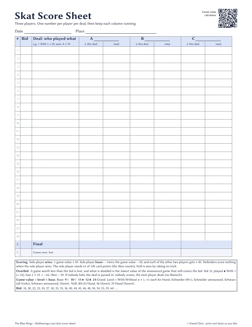 Skat score sheet for three players: a table with columns for the bid, the game played, and one number per player per deal with a running total, plus a scoring reference at the bottom